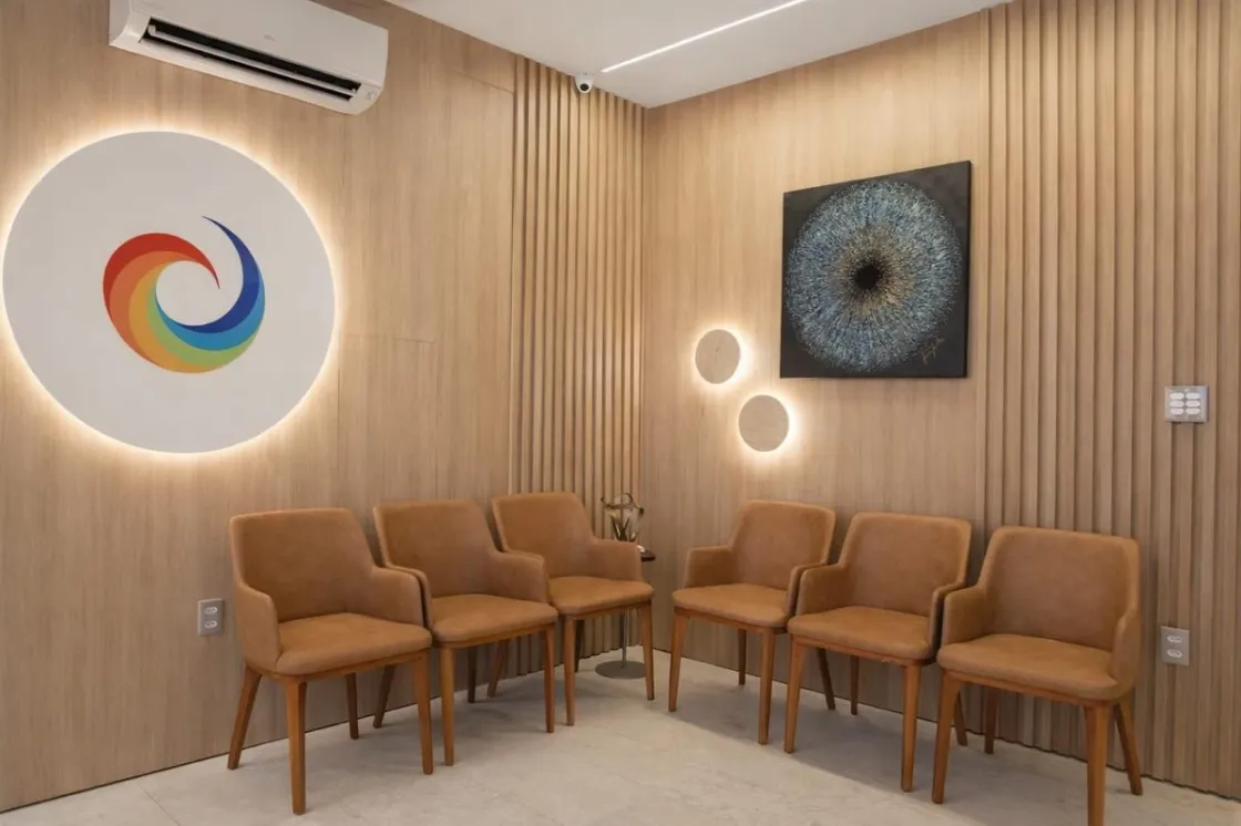 Recepção moderna e acolhedora da clínica Eye Center, em Manaus